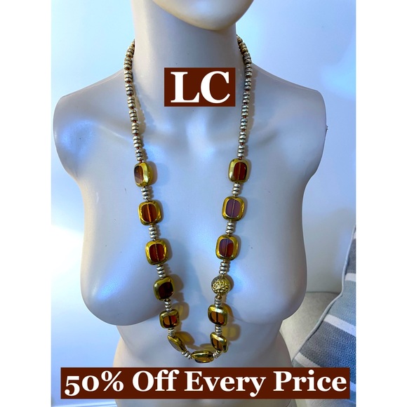 LC Statement Necklace33 in. Gold beads with large square beads - Picture 1 of 8